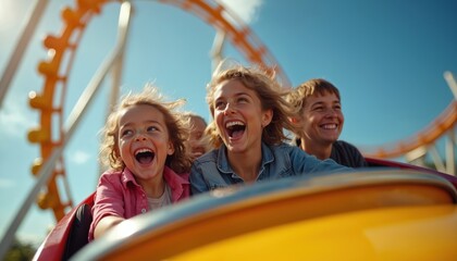Happy family enjoys roller coaster ride on sunny day. Smiling mother, children experience thrill, joy, laughter in amusement park. People having fun on summer vacation.