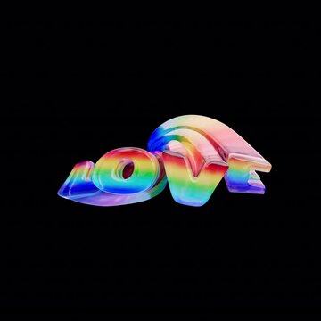 Curved 3D animation of the word &ldquo;LOVE&rdquo; with smooth rainbow materials and warped composition.