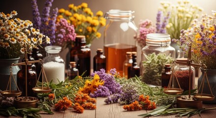 Herbal remedies and wellness with dried flowers and natural oils for holistic healing
