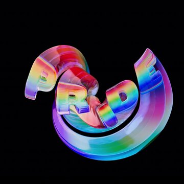 Dynamic animated 3D text &ldquo;PRIDE&rdquo; with a warped rainbow effect and glossy plastic look.