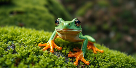 Obraz premium a colorful frog perched on a lush, green moss-covered surface