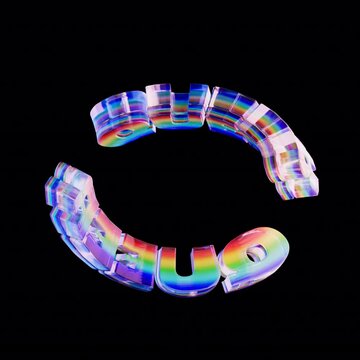 Looped 3D ring typography spelling &ldquo;QUEER&rdquo; in soft glossy rainbow letters.