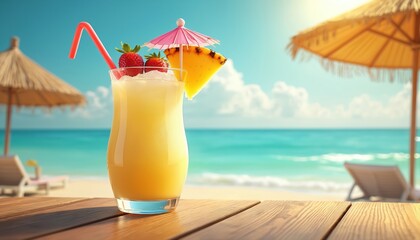 Refreshing tropical piña colada cocktail on wood table near ocean beach with parasols. The cold alcoholic drink has pineapple wedge, strawberry garnish, pink umbrella. Vacation, travel concept.
