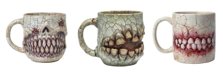 Unique Ceramic Mugs with Scary Monster Mouth Designs Isolated on a Transparent Background