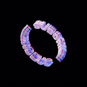 Looped 3D ring typography spelling &ldquo;SUBSCRIBE&rdquo; in soft glossy rainbow letters.