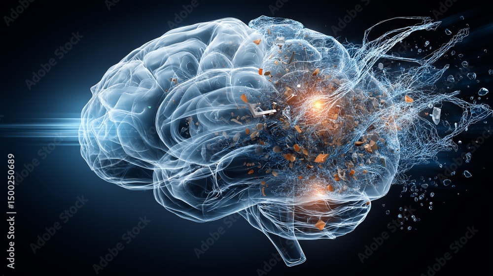 Poster transparent digital brain visualized with internal explosion symbolizing breakthrough, intelligence,