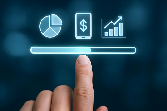 Analyzing business data and financial growth charts with mobile banking app and progress bar concept