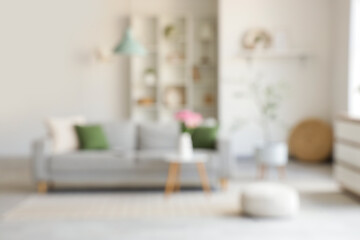 Blurred view of light living room with grey sofa, shelf unit and plants