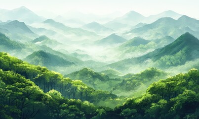Fototapeta premium Lush green mountains and rolling hills create a serene landscape. AI generated illustration.