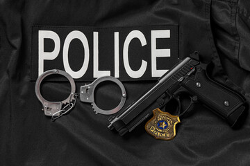 Shield, gun and handcuffs on police officer's uniform, closeup