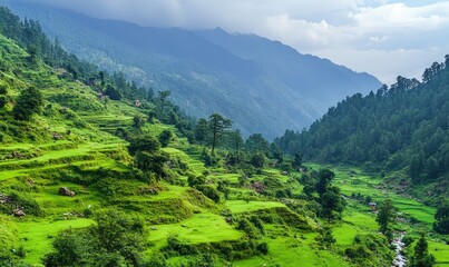 Naklejka premium Lush green mountains and rolling hills create a serene landscape. AI generated illustration.