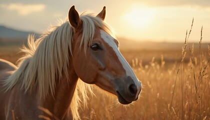 Obraz premium Horse portrait at golden hour. Beautiful animal stands field during sunset. White and brown equine, countryside landscape. Calm scenic nature. Farm mammal, freedom, peace, tranquility.