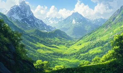 Naklejka premium Lush green mountains and rolling hills create a serene landscape. AI generated illustration.