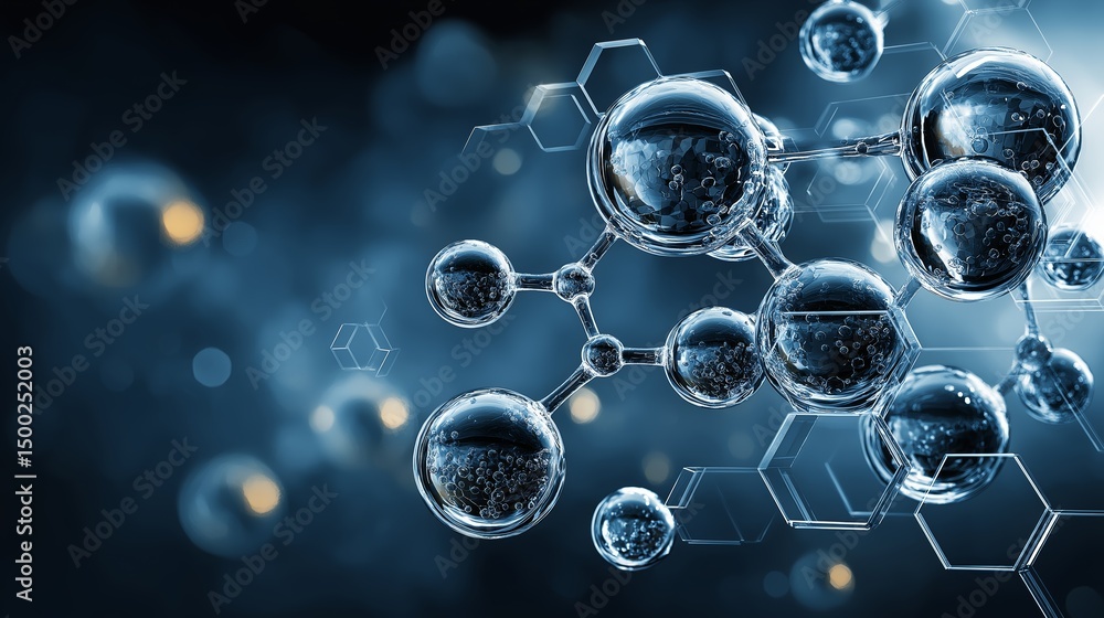 Fototapete 3D digital representation of molecular structures and scientific spheres with glassy hexagonal connections, Generative AI