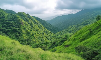 Obraz premium Lush green mountains and rolling hills create a serene landscape. AI generated illustration.