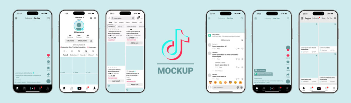 TikTok UI mockup template with video player like comment share buttons feed layout profile screen and recording interface. Mobile app design for short video content. Vector illustration.	
