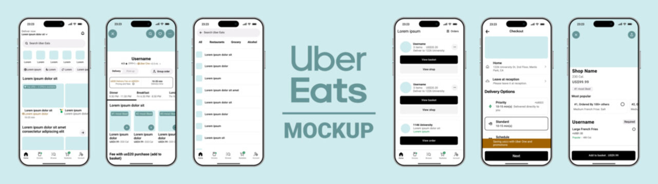 Uber Eats mobile UI mockup showcasing order screen restaurant menu and real-time delivery tracking. Modern food delivery app interface with intuitive user experience. Vector illustration.	