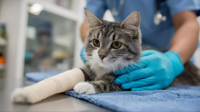 Injured cat with paw bandage being comforted by veterinarian, medical care for pets, animal clinic setting, emotional pet rescue, close-up, caring hands, feline vulnerability
