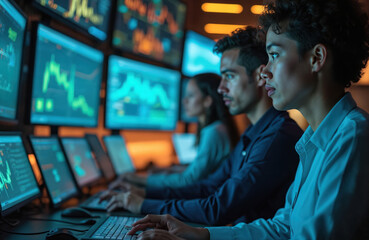 Team of air traffic controllers monitors complex flight data on multiple computer screens in modern office. Diverse specialists manage departures, arrivals at airport, ensuring flight safety. Data