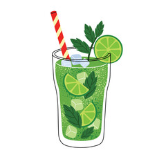 Refreshing mojito cocktail in glass with lime slices, mint leaves, ice cubes and striped straw. Summer green drink. Vector illustration isolated on white background.