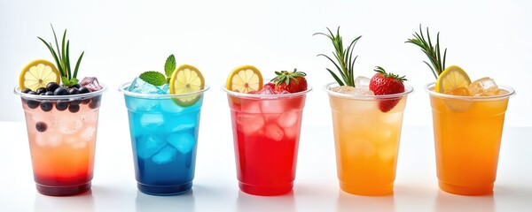 Set Italian soda drinks with fruit mix, soda, ice. Lemon, blueberry, strawberry, peach, Yuzu orange flavors. Refreshing cocktails, summer refreshment. Perfect for bar, restaurant, cafe menu design,