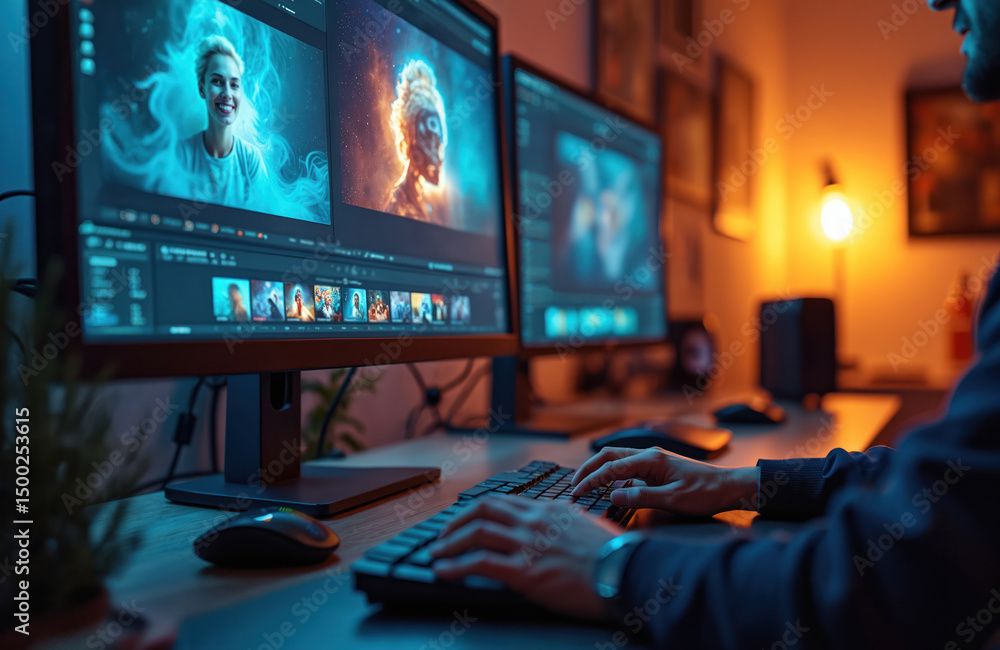 Fototapete photo editor workspace setup. man works on computer with two monitors. digital imagery, photo editin