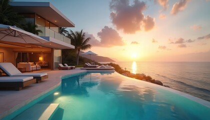 Elegant beach villa features sparkling pool. Sunset view over ocean. Luxury vacation home. Modern design, idyllic tropical holiday, relaxation, leisure. Paradise resort with copy space.