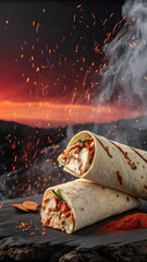 Chicken Wrap with Melting Cheese and Roasted Vegetables, Dramatic Flames and Red Background for Menu Feature