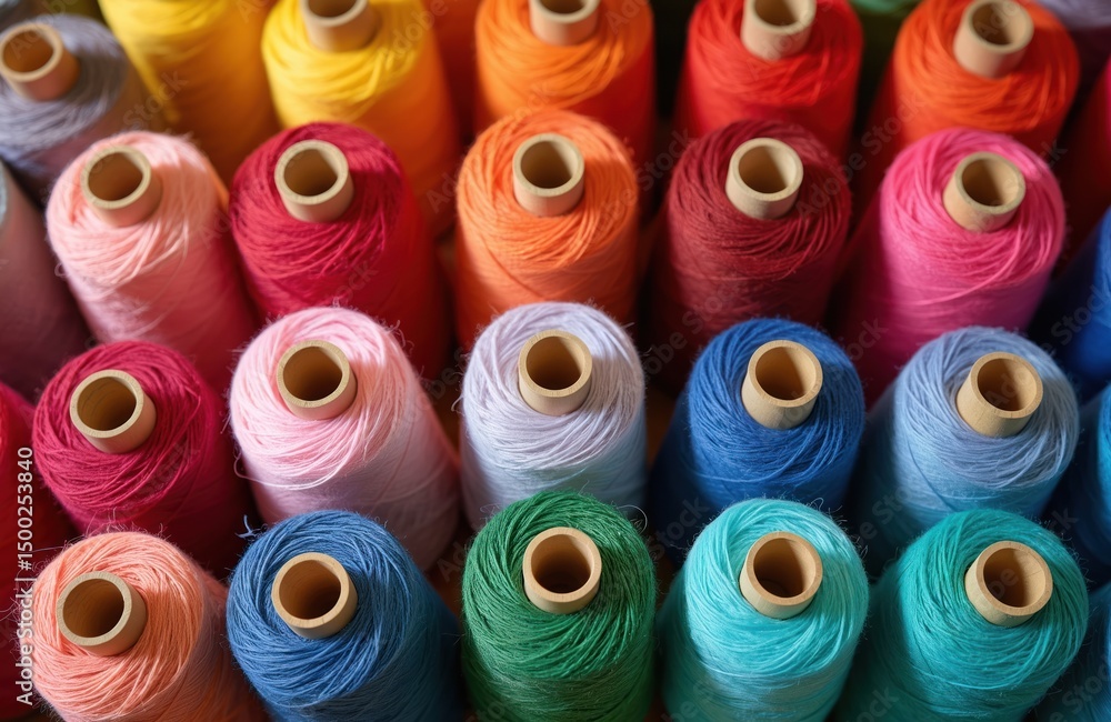 Aufkleber meticulously organized yarn spools rainbow colors. threads arranged in rows for creative projects. t