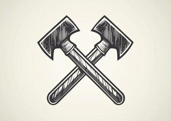 two crossed hammers and a wrench on a white background, featuring thin black outlines, simple geometric shapes