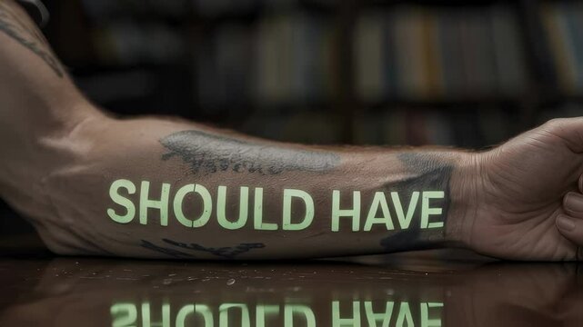 Man's forearm with glowing temporary tattoo reflecting on surface, symbolizing deep personal contemplation about missed opportunities and unspoken regrets