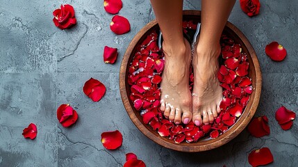 Woman's feet in a wooden bowl filled with water and rose petals for a relaxing foot spa treatment