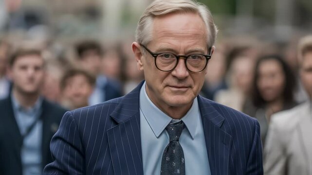 Senior politician in suit and tie offering handshake to blurred crowd of people, conveying concepts of greeting, connection, and political engagement