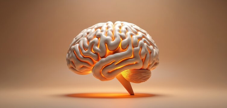 Brain model illustration concept science tech. Three-dimensional render of brain with glowing inside. Modern neural network, artificial intelligence and learning concepts.