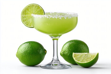 A refreshing green cocktail, garnished with a lime slice and surrounded by fresh limes