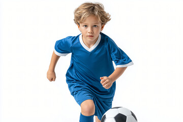 A focused young boy in a blue uniform, dribbling a soccer ball with determination and skill