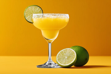 A refreshing mango margarita with lime slices, ready for summer enjoyment. The vibrant colors evoke feelings of refreshment and relaxation