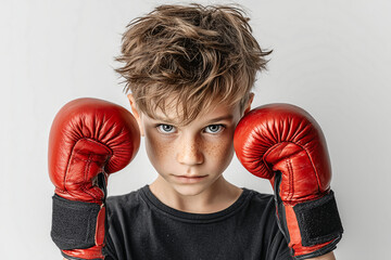 Young boy in red boxing gloves stares intensely, ready to compete
