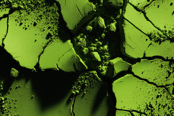A vibrant, textured close-up of cracked matcha powder