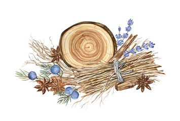 Watercolor illustration of the composition of sandalwood, vetiver roots, lavender flowers, star anise, and juniper. The arrangement of perfume ingredients; for art prints, cards, packaging