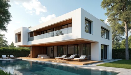 Modern white house with wooden extension, pool. Luxury villa features contemporary design. Exterior new residential construction with swimming pool. Balcony, garden, roof integral architectural