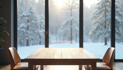 Minimalist interior, modern design. Empty wooden table with two chairs, winter forest view through panoramic window. Contemporary home decor with natural light, tranquil atmosphere, snowy landscape.