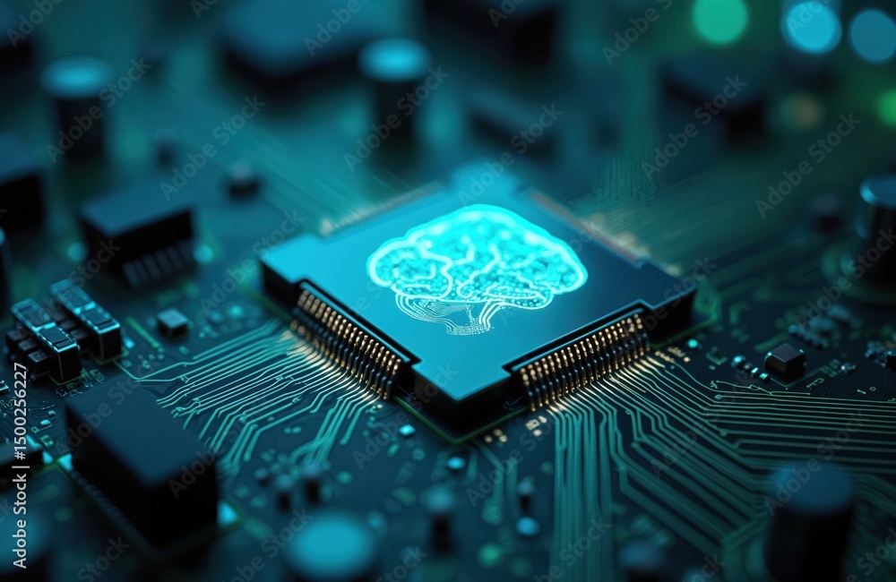 Aufkleber AI brain design on circuit board innovation. Modern digital technology, futuristic processing unit. Innovation, AI, machine learning concept. Smart technology in electronics, computer science.