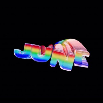 Colorful 3D animated title &ldquo;JUNE&rdquo; with a rainbow gradient, depth, and warped perspective. 