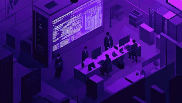 Dark, purple isometric server room, people working