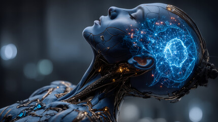 Artificial intelligence in the image of a wise woman. AI conceptual futuristic blue banner. Cybernetics mind analysis data. Neuron network processes information. Interface consists of computer icons.
