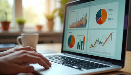Person analyzes business data trends on laptop. Charts, infographics, graphs illustrate productivity, insights. Modern office workspace setup. Analyzing finance reports, statistics using computer