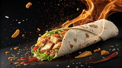 Chicken Wrap with Crispy Tortilla, Sliced Chicken, and Fresh Greens, Highlighted by Tall Flames on a Black Surface