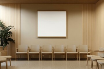 Modern interior design of a waiting area with a white blank poster frame on the wall, featuring beige and wooden tones