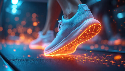 Athlete foot in futuristic sneaker runs on treadmill. Glowing digital elements suggest fitness tracking, workout, running, tech integration in exercise. Sport, health, modern lifestyle.